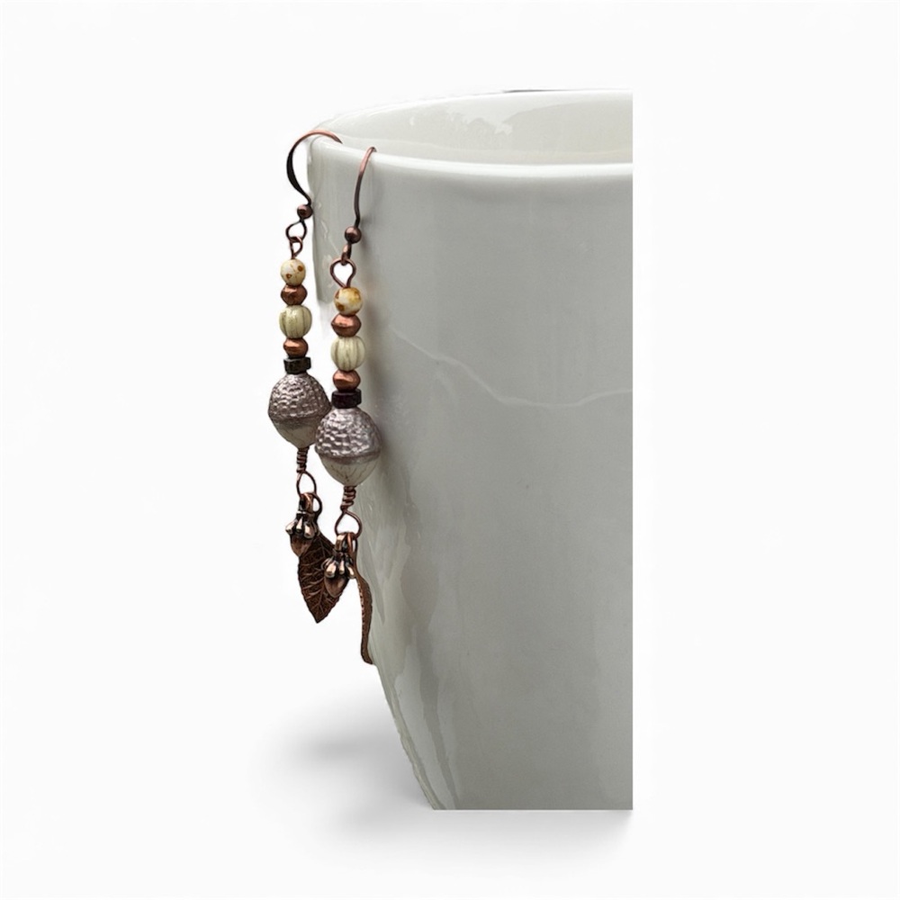 Handcrafted Elegant Copper Leaf Acorn Dangle Earrings - Picture 3 of 11